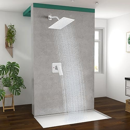 Heyalan 8-Inch Square Rain Shower Faucet Set with Valve, Polished Chrome | SUS304 stainless steel shower head, male NPT 1/2-inch valve, single-handle control, adjustable angle, 1.8 GPM - color: Chrome