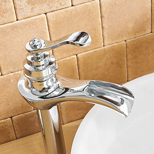 BWE Chrome Vessel Sink Faucet Waterfall Bathroom Faucets 1 Hole | Single Handle Bathroom Vanity Faucet with Pop Up Drain Stopper Assembly and Supply Hose Lavatory Mixer Tap Tall Body - color: Chrome