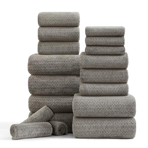 Ycosy 18 Piece Bath Towels Set,100% Microfiber Family Bathroom Towel with Hanging Loops-6 Bath Towels,6 Hand Towels,6 Washcloths,Quick Dry Highly Absorbent Shower Towel for Bathroom,Hotel,Spa-Brown - color: Brown, size: 18 Piece Towel Set