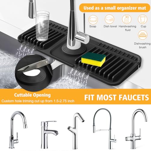 14.6-Inch Kitchen Sink Splash Guard Mat | 7° Slope for Fast Self-Draining | Snap-Lock Design | Universal & Cuttable Silicone Faucet Mat BLACK - color: Black, size: 14.6" x 5.5"
