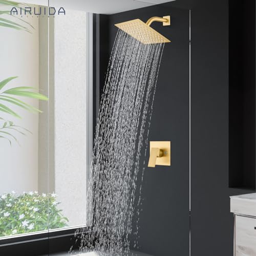 Airuida Shower Faucet Set,8 Inch Shower Valve Kit,Brushed Gold | Male Threads,Rough-in Valve Shower Trim Kit,Single Handle Control Shower Set - color: Brushed Gold, size: 8 Inch