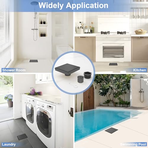 6 Inch Square Shower Drain-Matte Black, with Tile Insert Grate | AISI 304 Stainless Steel Shower Drain, Shower Floor Drain with Hair Catcher, Fits Bathroom, Balcony - color: Matte Black, size: 6 Inch