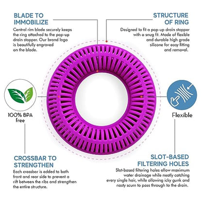 The Ultimate Tub Drain Protector Hair Catcher/Strainer/Snare, Regular - Purple | Easy snap-in design fits around bathtub stoppers. Customizable utility guard for clog prevention. Fits 1.85"- 2.16" drains. . - color: Purple