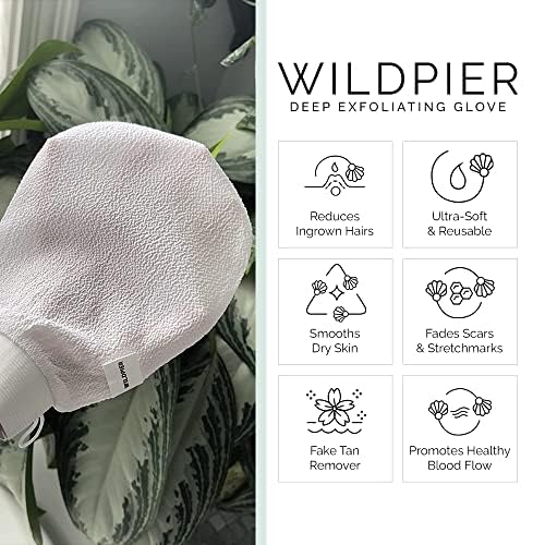 Wildpier Plus+ Exfoliating Glove Mitt Body Scrub for Bath Shower Spa Hand Exfoliator Gloves, Dead Skin Cell Remover, Plant Based Deep Exfoliation Scrubber, White