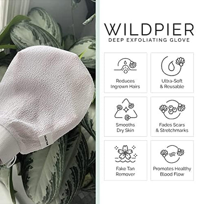 Wildpier Plus+ Exfoliating Glove Mitt Body Scrub for Bath Shower Spa Hand Exfoliator Gloves, Dead Skin Cell Remover, Plant Based Deep Exfoliation Scrubber, White