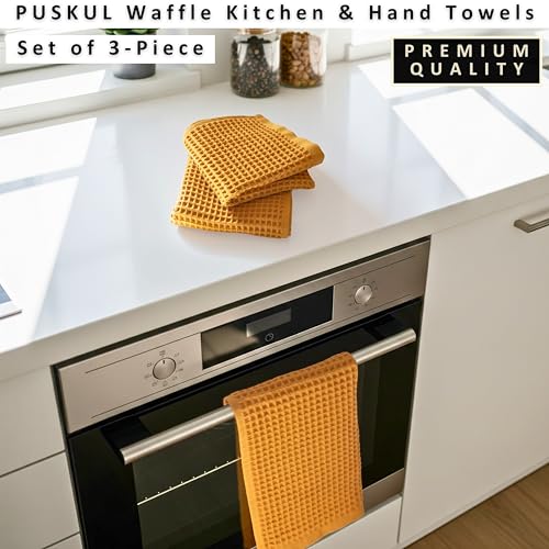PÜSKÜL Natural 100% Turkish Cotton Waffle Hand and Kitchen Towels Set of 3 | Mustard Yellow Large 32x16 in Honeycomb-Waffle weave towel for bathroom & kitchen. Premium quality oeko-tex made in Turkey. - color: Mustrad Yellow, size: Kitchen & Hand Towels P
