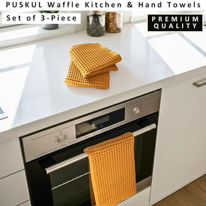PÜSKÜL Natural 100% Turkish Cotton Waffle Kitchen and Hand Towels, 3-Piece | Mustard Yellow 32x16" Large Premium 3D Honeycomb Weave Soft Absorbent Quick-Dry Lint-Free Dish Towel, Oeko-Tex Made in Turkey - color: Mustrad Yellow, size: Kitchen & Hand Towels