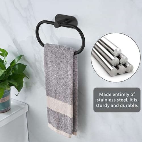 Towel Bar/Bath Towel Ring, Self Adhesive Hand Towel Ring for Bathroom, Stainless Steel Sticky Hand Towel Holder, No Drilling Modern Round Towel Hanger Wall Mounted (Black) - color: Black