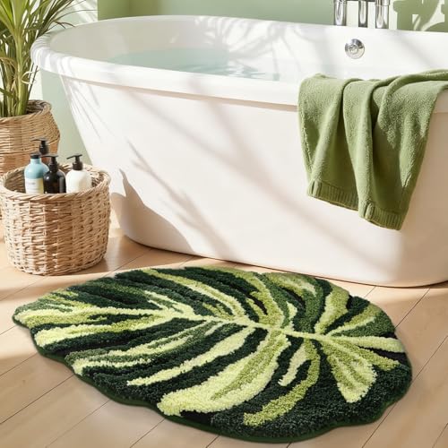 LUMI Cute Bathroom Rug Green Leaf, Absorbent Non Slip Bath Mat, 24"x32" | Dark Monstera Plant, Soft Plush Microfiber, Quick Dry, Washable for Shower Floor, Sink Bathtub, Bedroom, Kids Room - color: Dark Monstera