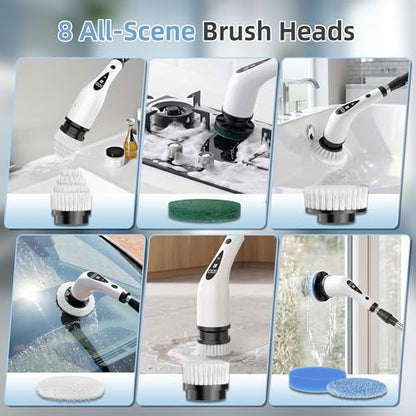 Electric Spin Scrubber, 3-Speed Flat End Brush with 8 Brush Heads & Base, IPX7 Waterproof, Adjustable Long Handle, Digital Display, 2500mAh Fast Charging, for Bathroom, Tub, Tile, Floor - color: Black