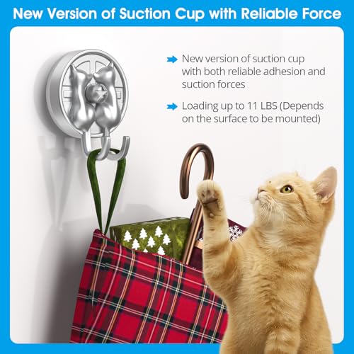 AST Cute Double-Cat Suction Cup Hook, 2 Pack, Heavy Duty Hooks, Upgraded Reliable Force of both Adhesion and Vacuum, Wall Holders for Loofah, Towel, Coat and Bath Robe, Waterproof Hanger, Matte Silver