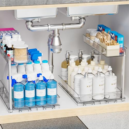 2 Pack 14.6″ Deep Pull Out Under Sink Organizer,10.8″ High 2 Tier Slide Out Cabinet Organizer for Kitchen Cabinet,Undersink Organizers,Under Sink Shelves,Bathroom Organizers and Storage,Clear - size: 10.8 In High