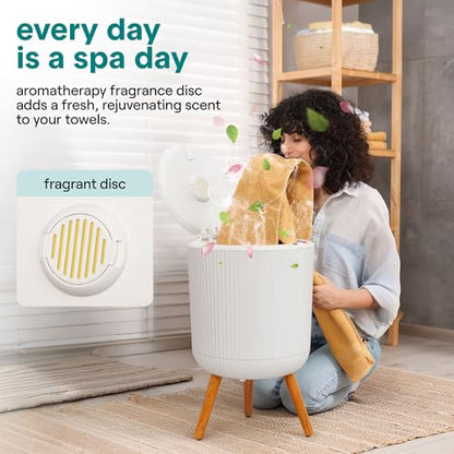 SereneLife Freestanding Towel Warmer Bucket – 18" Hot Towel Warmer with Legs for Bathroom & Spa, 12L Capacity, Built-In Timer, Aroma Discs & LED Indicator, Fits One Towel or Robe - color: White Oak Grain