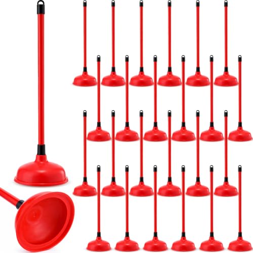 Reallnaive 24 Pack Toilet Plungers Bulk with 19.7 Inch Long Handle Force Suction Cup Rubber Plunger for Bathroom to Fix Clogged Toilets Drains (Red) - color: Red