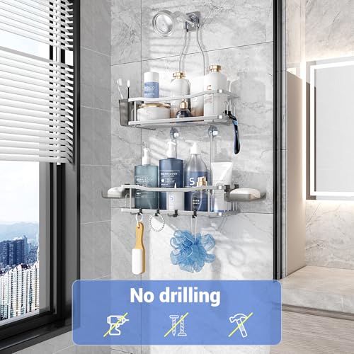 Hanging Shower Caddy Over Shower Head - No Drill Rustproof Shower Rack | Includes Soap Holder and Hooks for Shampoo, Conditioner, and Bathroom Essentials with Stable Storage in Any Shower Space - color: Chrome
