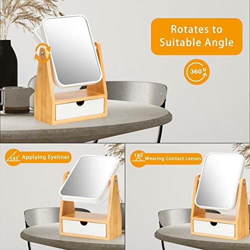 YEAKE Vanity Double Sided Magnifying Makeup Mirror with Storage, Adjustable Natural Bamboo Stand, Portable Desk/Table Mirror, Rectangular - size: 10.2"L x 6.5"W