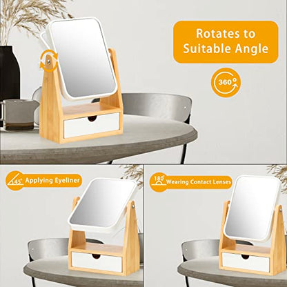 YEAKE Vanity Double Sided Magnifying Makeup Mirror with Storage, Adjustable Natural Bamboo Stand, Portable Desk/Table Mirror, Rectangular - size: 10.2"L x 6.5"W