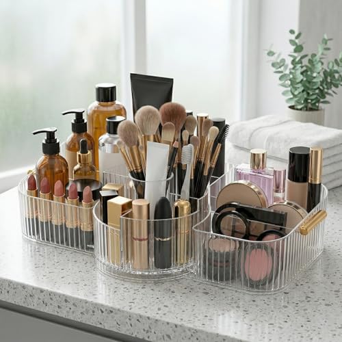 Rotating Makeup Organizer Countertop for Vanity, Cologne Organizer for Men, 360° Spinning Cosmetic Display Case with Brush Holder, Premium Handles, Acrylic Skincare Storage for Bathroom Countertop