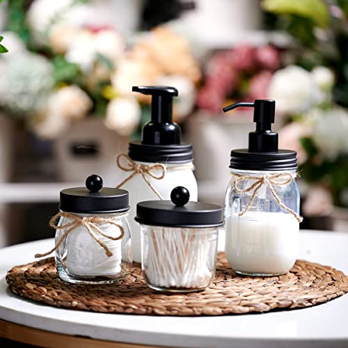 Amolliar Mason Jar Bathroom Accessories Set, 4Pcs Glass Bathroom Set, Black | Lotion Soap Dispenser, 2 Cotton Swab Holder, Toothbrush Holder, Rustic Farmhouse Bathroom Decor, Countertop Vanity Organizer - size: Black, style: Wide-mouth