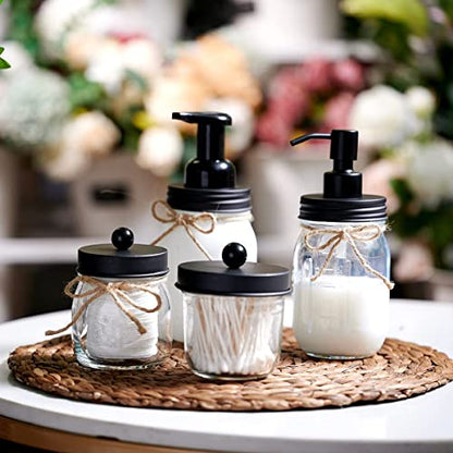 Amolliar Mason Jar Bathroom Accessories Set, 4Pcs Glass Bathroom Set, Black | Lotion Soap Dispenser, 2 Cotton Swab Holder, Toothbrush Holder, Rustic Farmhouse Bathroom Decor, Countertop Vanity Organizer - size: Black, style: Wide-mouth