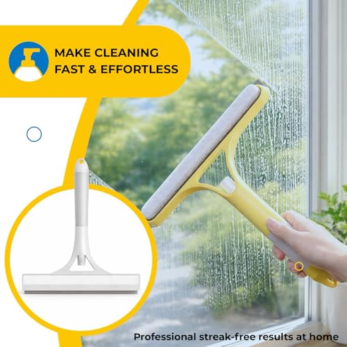 3-in-1 Window Squeegee with Spray Bottle, Handheld Glass Cleaning Tool with Microfiber Scrubber and Silicone Blade, Refillable Window Cleaner for Mirrors, Shower Doors, Tiles & Car Windows (Blue) - color: Blue