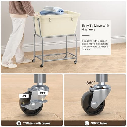 ELYKEN Rolling Laundry Hamper with Wheels, Removable Bag, Laundry Cart | 32-Gallon (122L), 2-Tier Clothes Basket with Shelf, Metal Frame, Ideal for Closet, Bedroom, Bathroom & Laundry Room, Cream - color: Cream, size: 27.4"L x 19.9"W x 30.9"H