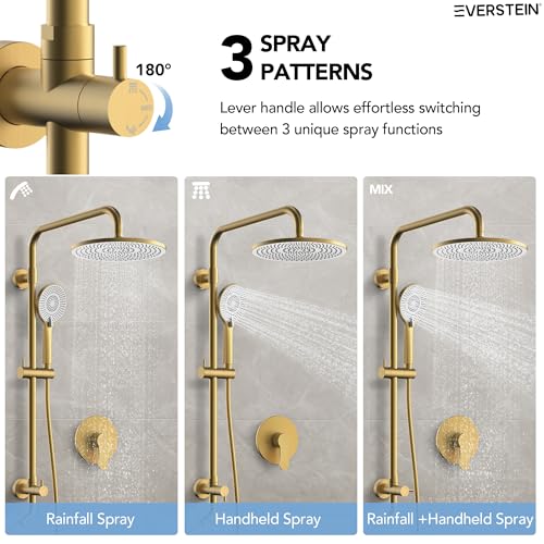 10 Inch High Pressure Rainfall Shower System with Slide Bar, Wall Mount Bathroom Round Shower Faucet Set with Valve, Brushed Gold - color: Brushed Gold