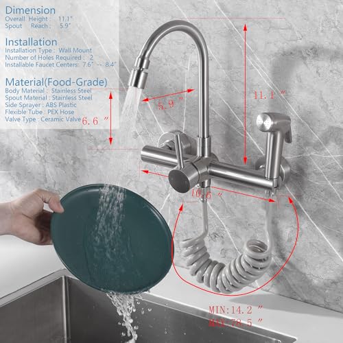 Wall Mount Kitchen Faucet with Side Sprayer, Mixer Tap, 360�� Swivel Spout | 304 Stainless Steel Constructed, Brushed Nickle, Rotatable, 8"" Center - color: Style E