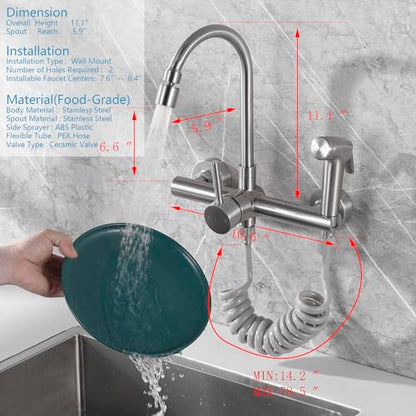 Wall Mount Kitchen Faucet with Side Sprayer, Mixer Tap, 360�� Swivel Spout | 304 Stainless Steel Constructed, Brushed Nickle, Rotatable, 8"" Center - color: Style E