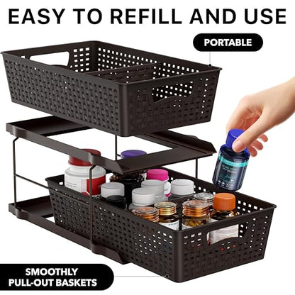 Simple Houseware 2 Tier Pull-Out Sliding Drawer Under Sink Storage, Brown | Great for Kitchen Bathroom Tray Shelf Organizer - color: Brown