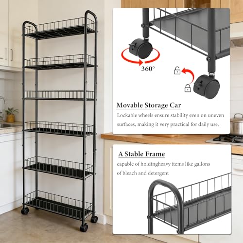 Slim Storage Cart with Wheels, Metal 6-Tier 6in Black Narrow Rolling Shelf, Sturdy Slim Storage with Hooks Ideal for Kitchen, Bathroom, and Laundry Room - size: 6in 6-Tier Cart