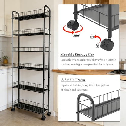 Slim Storage Cart with Wheels, Metal 6-Tier 6in Black Narrow Rolling Shelf, Sturdy Slim Storage with Hooks Ideal for Kitchen, Bathroom, and Laundry Room - size: 6in 6-Tier Cart