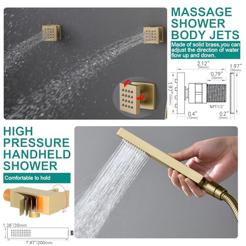HOMEDEC 15.7x31.5" Rainfall and 6" Dual Shower Heads with Handheld Spray Combo, Full Body Shower System with 6pcs Body Jets, Brushed Gold - color: Brushed Gold, style: 4-Way + 1x 6" Top
