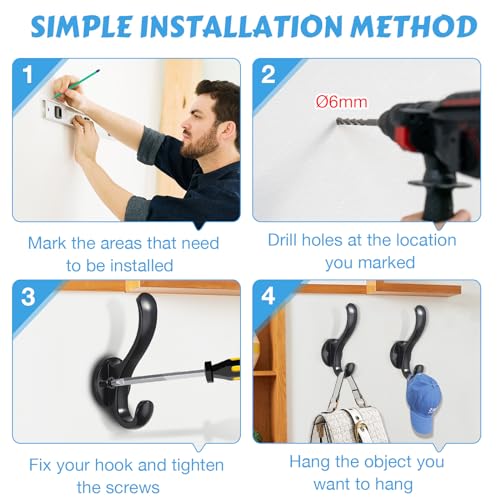 8 Pack Coat Hooks Wall Mount Heavy Duty Utility Retro Double Hooks for Hanging Coats,Hat, Towel, Key, Robe, Scarf, Bag, Cap (Black) - color: 8 Pack-Black