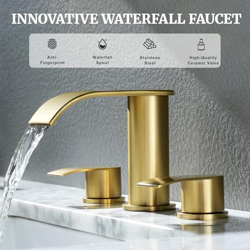 Ultimate Unicorn 8 inch Bathroom Faucet Brushed Gold, Waterfall Bathroom Faucet with Metal Pop-up Sink Drain Stopper and 2 Supply Hoses,2 Handle Widespread Faucets for Vanity Sink 3 Holes | Bathroom Faucet with Metal Pop-up Sink Drain Stopper and 2 Supply