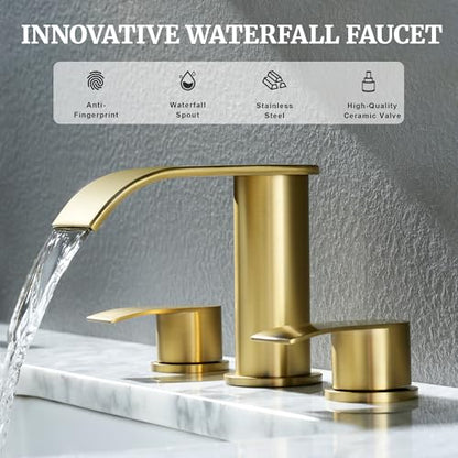 Ultimate Unicorn 8 inch Bathroom Faucet Brushed Gold, Waterfall Bathroom Faucet with Metal Pop-up Sink Drain Stopper and 2 Supply Hoses,2 Handle Widespread Faucets for Vanity Sink 3 Holes | Bathroom Faucet with Metal Pop-up Sink Drain Stopper and 2 Supply