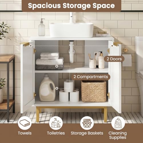 24-inch Pedestal Sink Storage Cabinet, Under Sink Cabinet (White) | U-Shaped Cut-Out | 2 Rattan Doors & Shelf | Solid Metal Legs - color: White