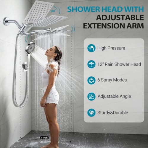 Shower Head, Rain Shower Head with Handheld Spray Combo, 12Inch Adjustable High Pressure Rainfall Shower Head, Dual Showerhead Set with Extension Arm - color: Sliver, size: 12 Inch
