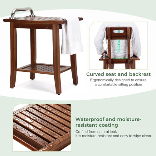 Shower Stool with Shelf and Handrails, Solid Water-Resistant Teak Shower Stool, Easy to Assemble, 300 lbs Capacity, 18.5 Inches, Ideal for Seniors, Kids & Those with Mobility Needs