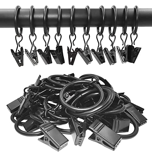 44 Pack Metal Curtain Rings with Clips, Drapery Clips with Rings, Drapes Rings 1 inch Inner Diameter, Fits Diameter 5/8 inch Curtain Rods, Black - color: Black, size: 1" I D 44 Pack
