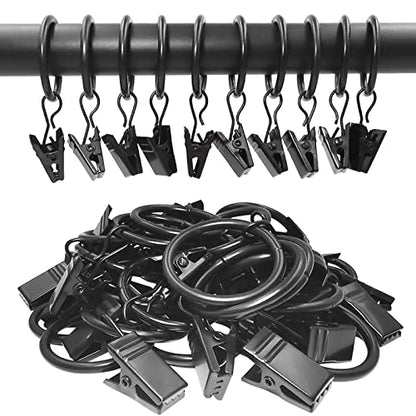 44 Pack Metal Curtain Rings with Clips, Drapery Clips with Rings, Drapes Rings 1 inch Inner Diameter, Fits Diameter 5/8 inch Curtain Rods, Black - color: Black, size: 1" I D 44 Pack