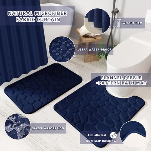Bathroom Sets with Shower Curtain and Rugs Bathroom Accessories Set Navy Blue Bathroom Set,Soap Dispenser & Toilet Brush Holder Set with Stainless Steel Trash Can(23 PCS) - size: Navy Blue, style: Bath Set+Waffle Shower Curtain+Bath Rugs