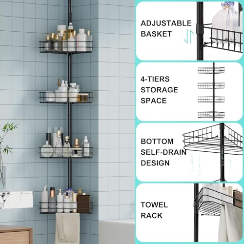 4-Tier Corner Shower Caddy Tension Pole, Adjust Bathroom Organizer Shelves | 76"-110" Adjustable Rustproof Bathroom Shelves, Shelves with Built-In Towel Bars, Space-Saving Design