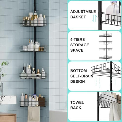 4-Tier Corner Shower Caddy Tension Pole, Adjust Bathroom Organizer Shelves | 76"-110" Adjustable Rustproof Bathroom Shelves, Shelves with Built-In Towel Bars, Space-Saving Design
