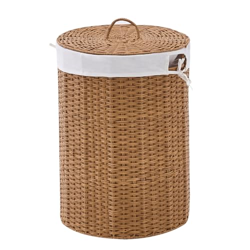 Round Wicker Laundry Hamper with Lid Handwoven Rattan Basket with Handles for Dirty Clothes, 2 Washable Liner Bags, No Assembly Required, Washable Basket, 90L - color: Rattan, size: 90L