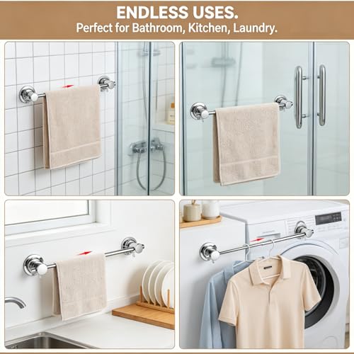 JiePai 17-28 Inch Extendable Suction Cup Towel Bar for Bathroom,Chrome | Adjustable,No Drill Removable Vacuum Towel Rail,Heavy Duty Wall Mount ,For Smooth Surfaces,for Bathroom & Kitchen - color: Chrome