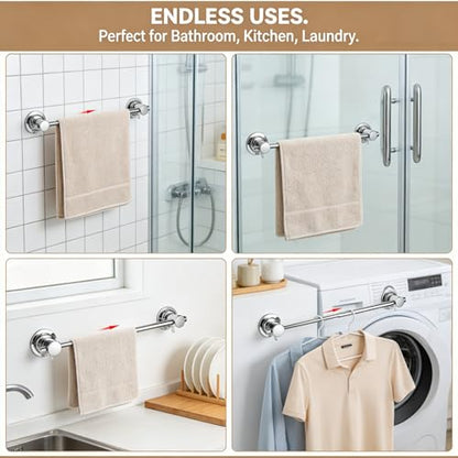 JiePai 17-28 Inch Extendable Suction Cup Towel Bar for Bathroom,Chrome | Adjustable,No Drill Removable Vacuum Towel Rail,Heavy Duty Wall Mount ,For Smooth Surfaces,for Bathroom & Kitchen - color: Chrome