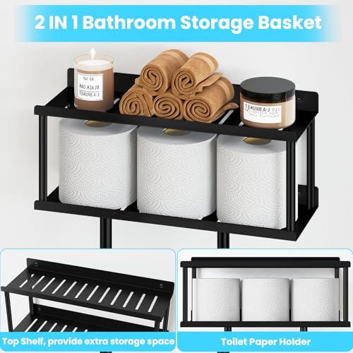 STWWO Bathroom Towel Storage Rack, 31” Towel Organizer with Storage Basket | Metal Bathroom Towel Holder with Shelf, Towel Rack with 3 Hooks for RV, Apt, Small Bathroom, Holds 5 Large Towels, Black