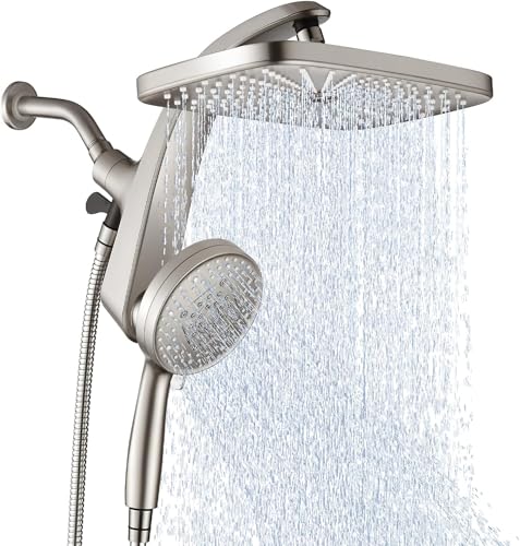12" High Pressue Rain Shower Head with Handheld, 9 Sprays Hand Showerhead | Shower Heads with Handheld Spray Combo, Dual Head, Built-in Magnetic Docking, Power Jets, 59" Shower Hose, Nickel 1.75GPM - color: Nickel