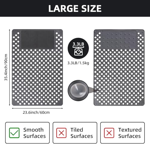 Shower Mat Non Slip: 35.4" x 23.6" Large PVC Heavy Shower Mats for Inside Shower - Quick Dry Shower Foot Scrubber Matt with Drain Hole and Suction Cups for Elderly - color: Grey